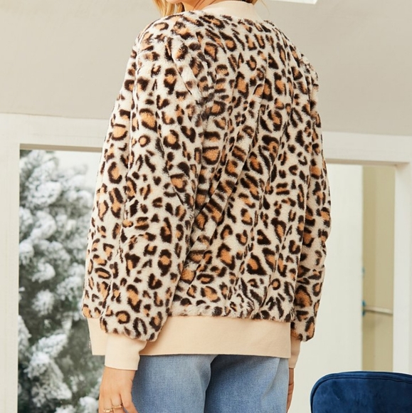 Furry Beige Leopard Print Bomber Jacket 1X NWT - Picture 5 of 9